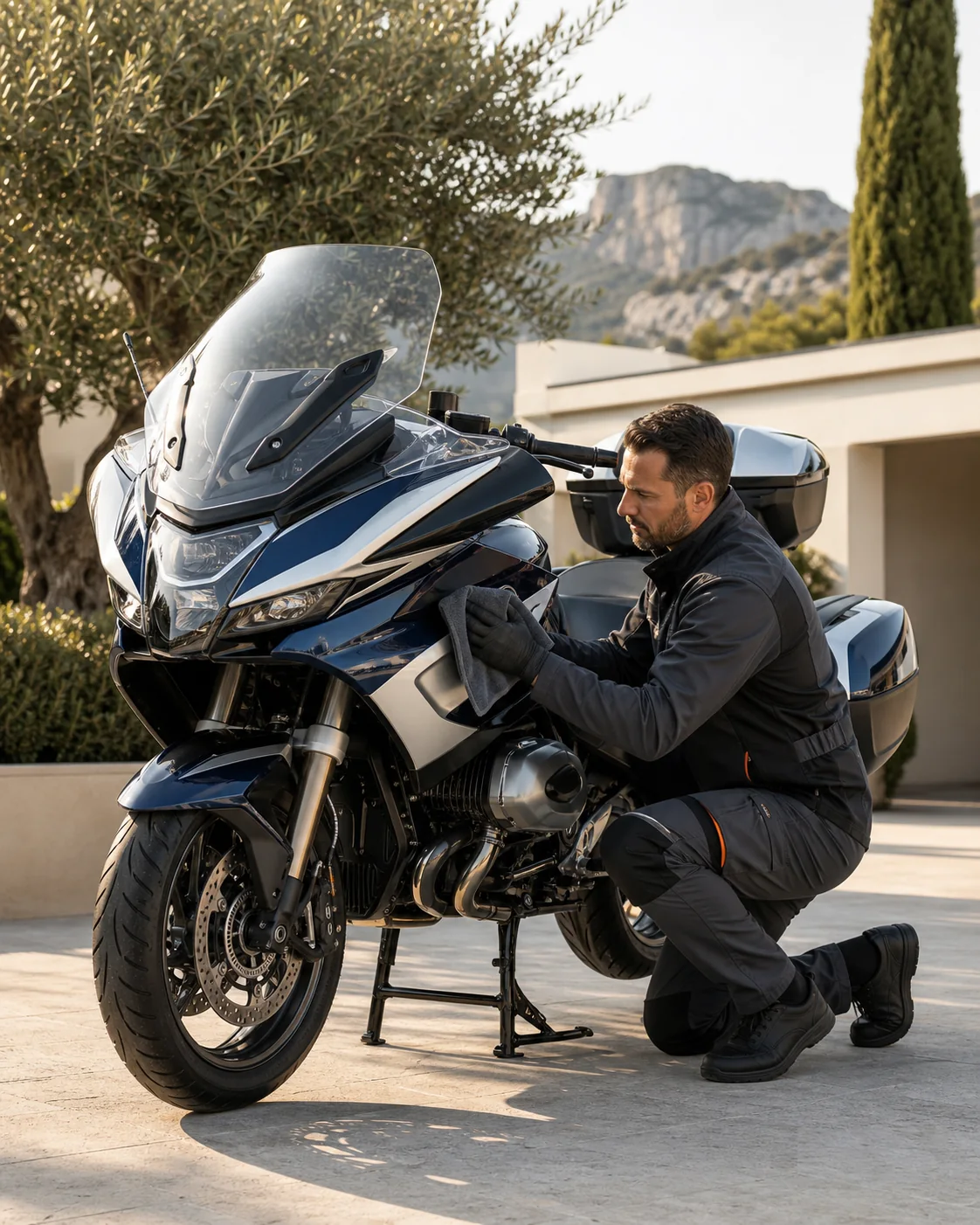 Soin mobile à sec d'une moto de tourisme par un technicien Nivalis